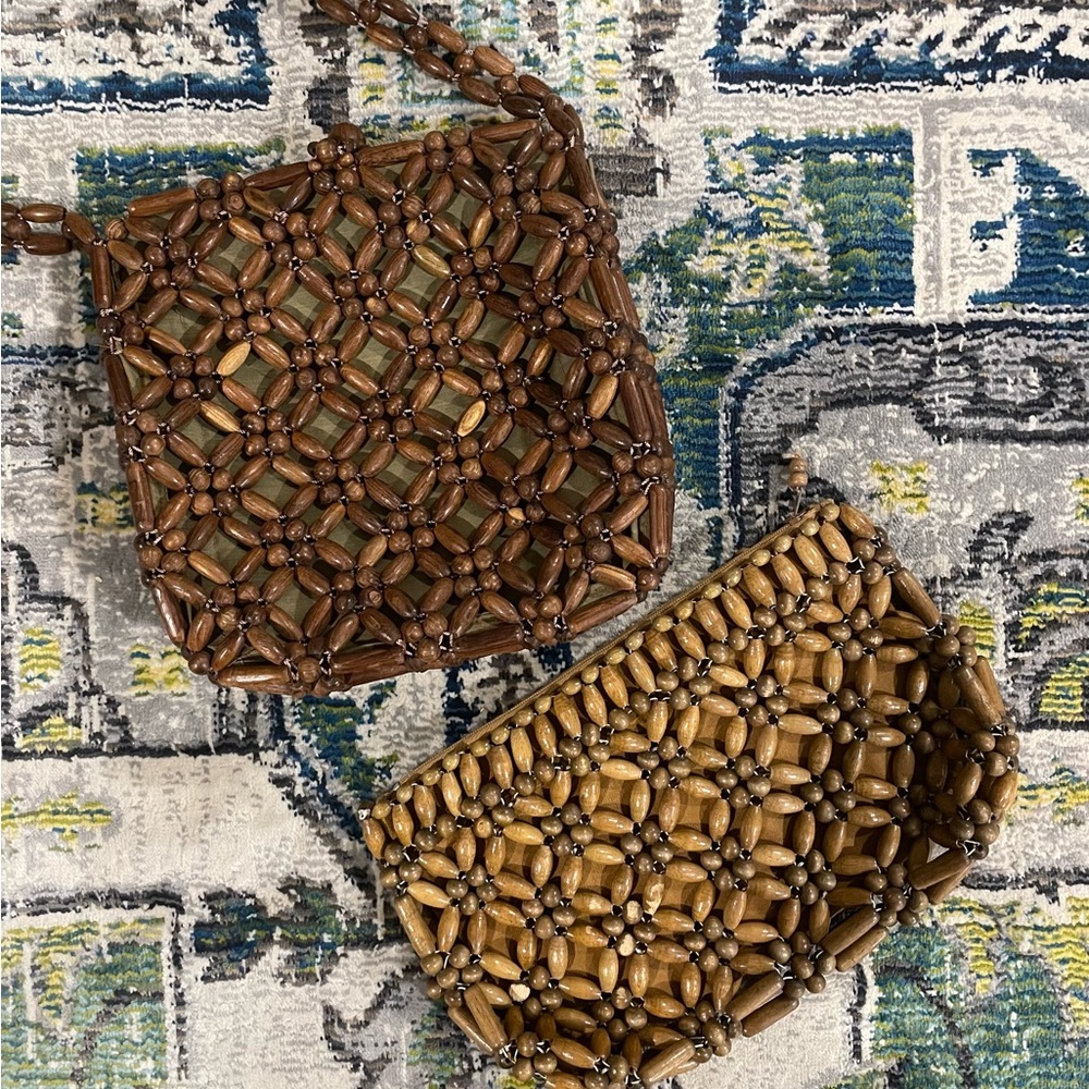 Set of 2 Vintage Wooden Bead Bags